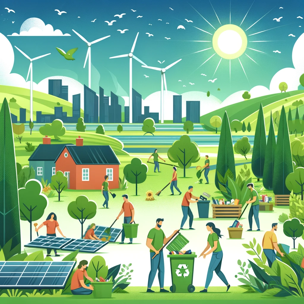 An illustration representing the concept of eco-responsibility. The image features a vibrant, green landscape with a clear blue sky. In the foreground.png